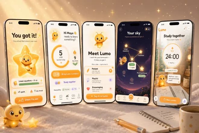 Lumo — five app screens in a cozy golden-hour scene