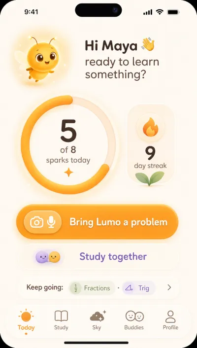 Lumo voice tutoring screen with Socratic hints